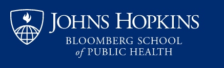 The Johns Hopkins Bloomberg School of Public Health logo is a blue circle with the words “johns hopkins bloomberg school of public health” written in white letters. The circle is surrounded by a white border and the words are written in a sans-serif font. The logo is simple and professional, conveying the mission of the school to educate and train public health professionals.